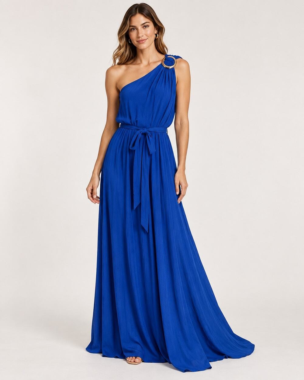Lulus Blue One Shoulder Maxi Dress XL Aura Gold Ring Goddess Wedding Guest NWT